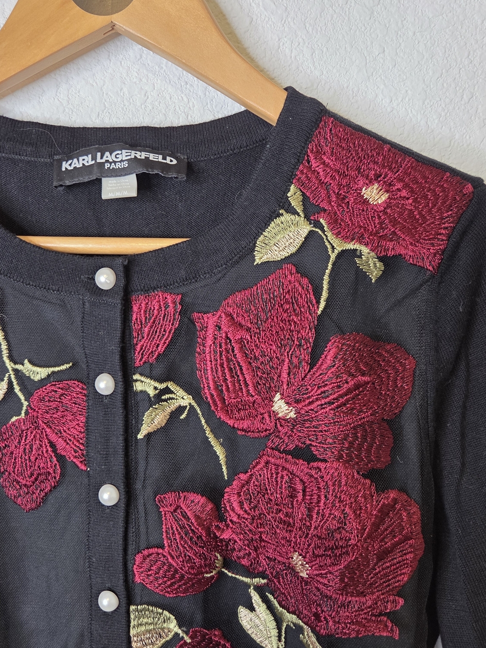 Karl Lagerfeld Black Cardigan with Red Embroidered Floral Detail, Size Medium